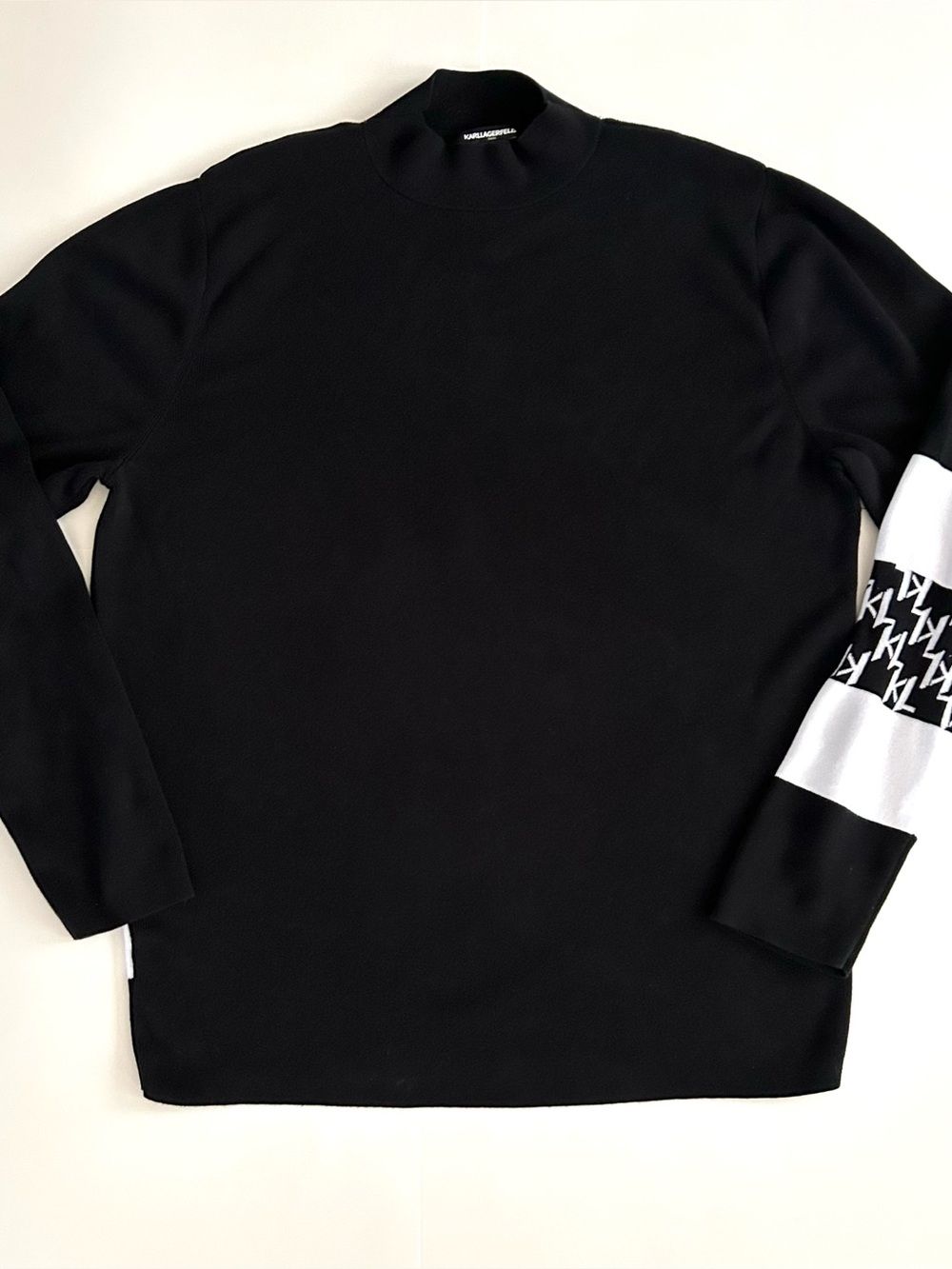 Karl Lagerfeld Paris Contrast Stripes Sleeve and Back Mock Neck Sweater - Size L